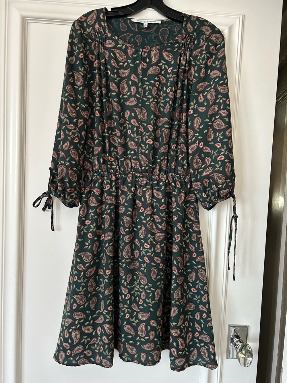 Collective Concepts Dark Green Paisley Midi Dress with Pink Cream Accents